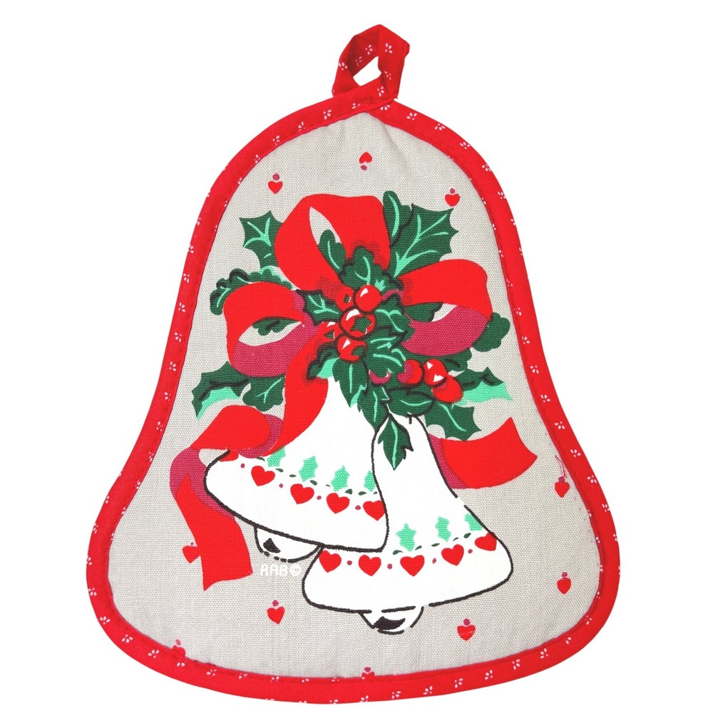 Vintage Christmas Potholder Red Bell Shape Quilted Holiday Decor Grandmacore